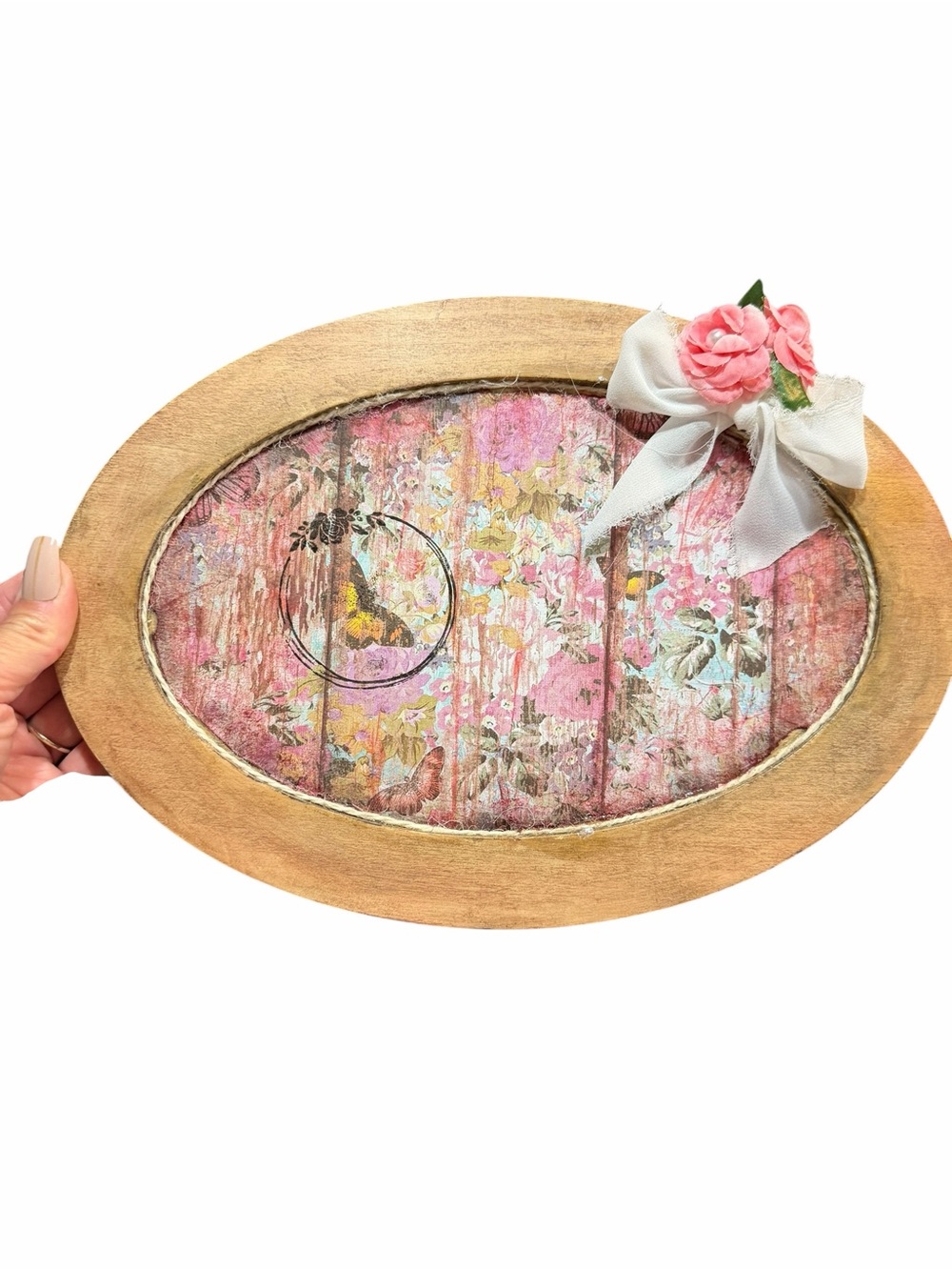 Handcrafted Decoupage Floral Bird Oval Wall Decor - Picture 2 of 3